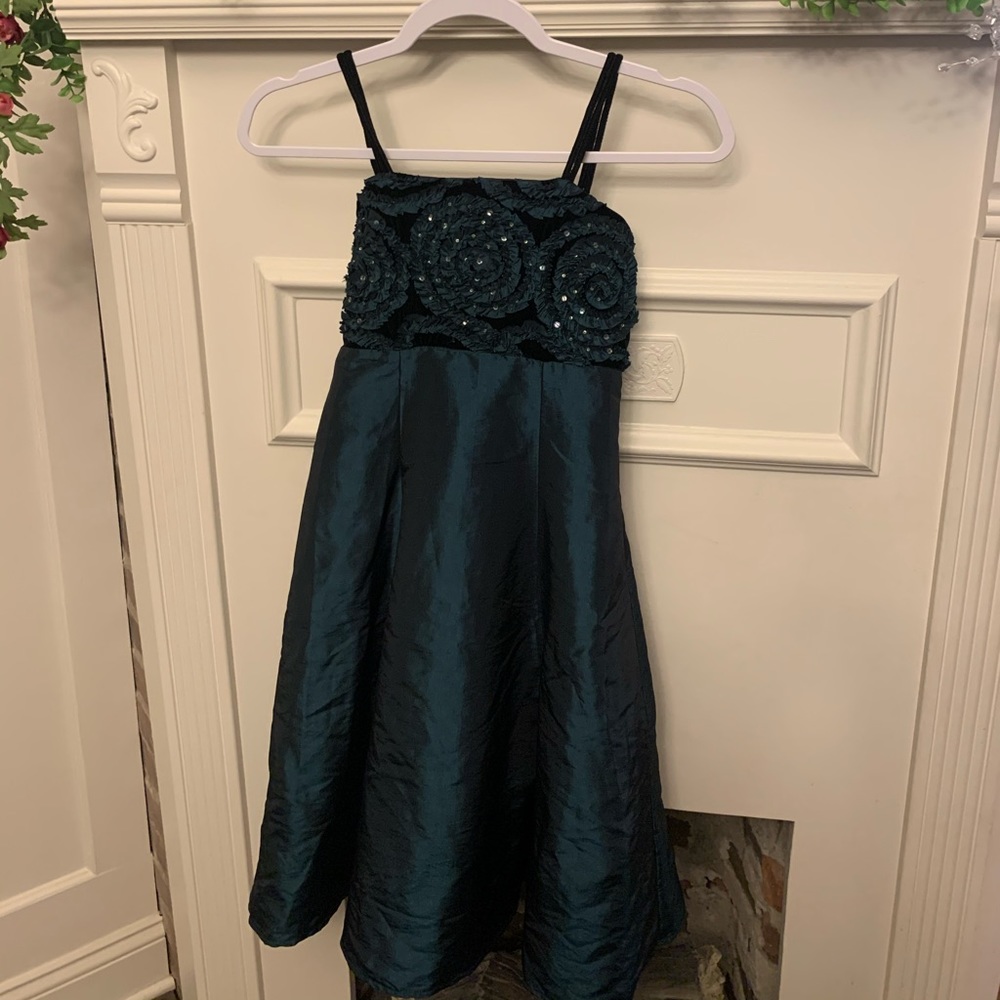 Isobella & Chloe dark green velvet & tafetta gown